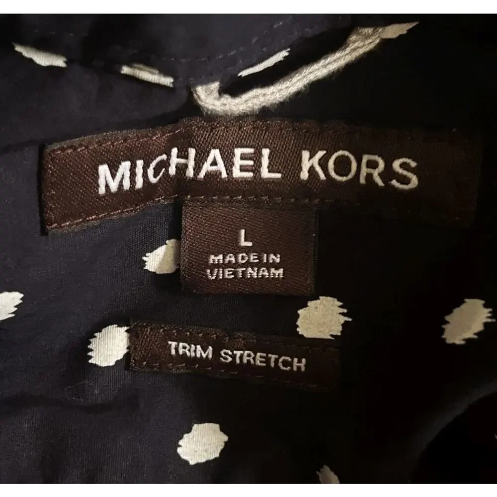 Michael Kors Trim Stretch Navy Blue & White Polka Dot Button Down Shirt Large